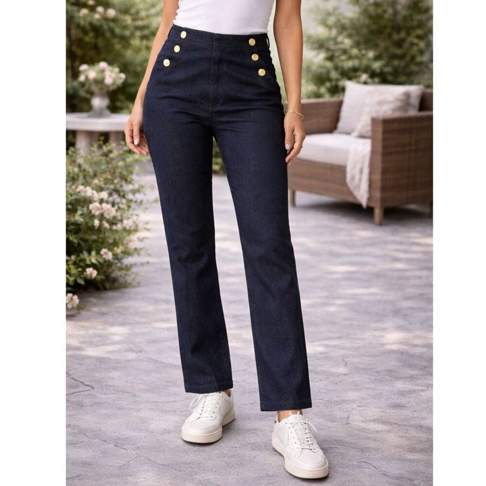 Nine West Jeans Straight Leg Sailor Trouser Jeans Dark Wash Gold Button Size 4